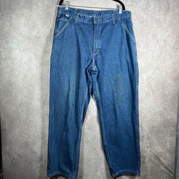 Carhartt Flame-Resistant Signature Denim Dungaree Jeans Mens 38X32 Blue Work‎ - Picture 1 of 13